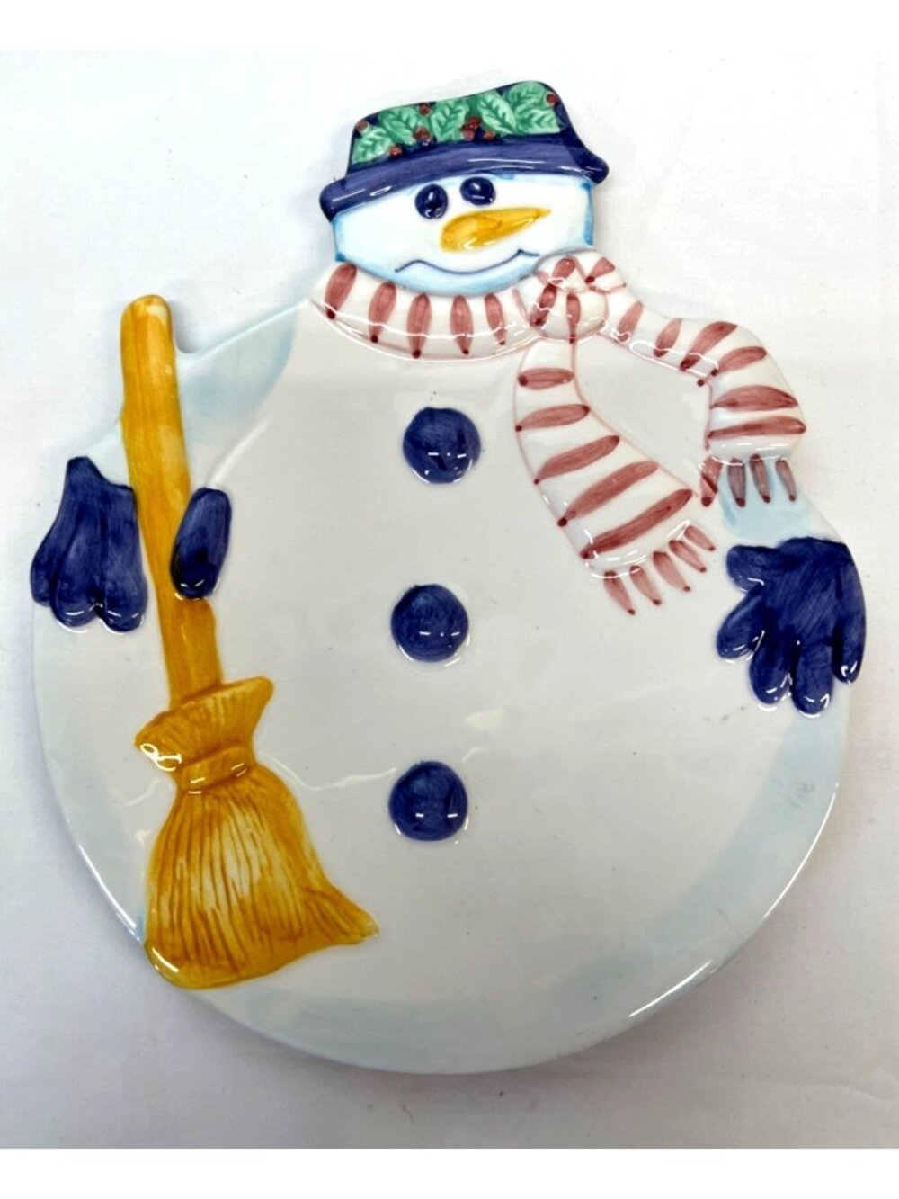Snowman-Themed Ceramic Decorative Plate With Broom & Scarf